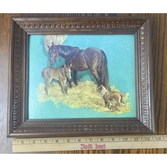 Vtg E Brown Signed Lithograph Horse Foal & Collie Dogs Wood Carved Frame # 361 - Picture 6 of 9